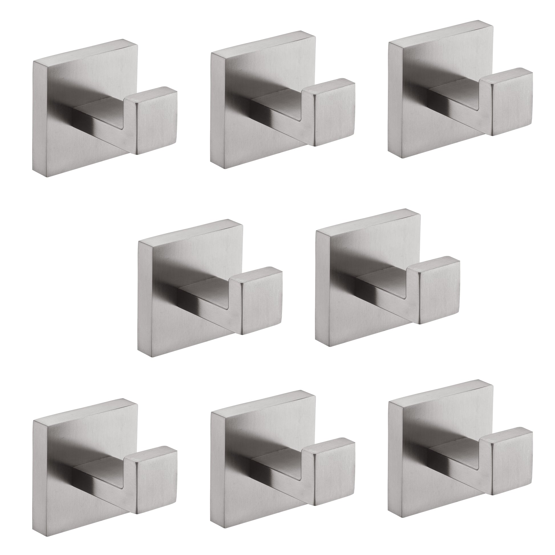 Set of eight brushed nickel wall hooks with modern square base and angled hook