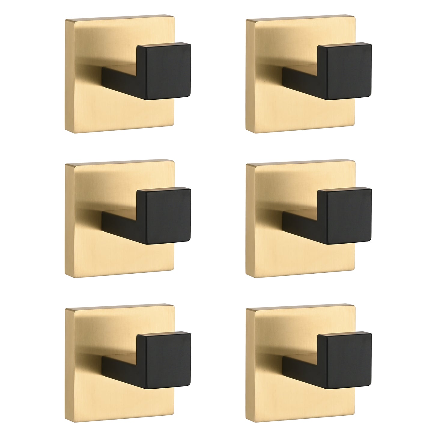 Set of  modern brushed brass coat hooks with matte black cubic projections