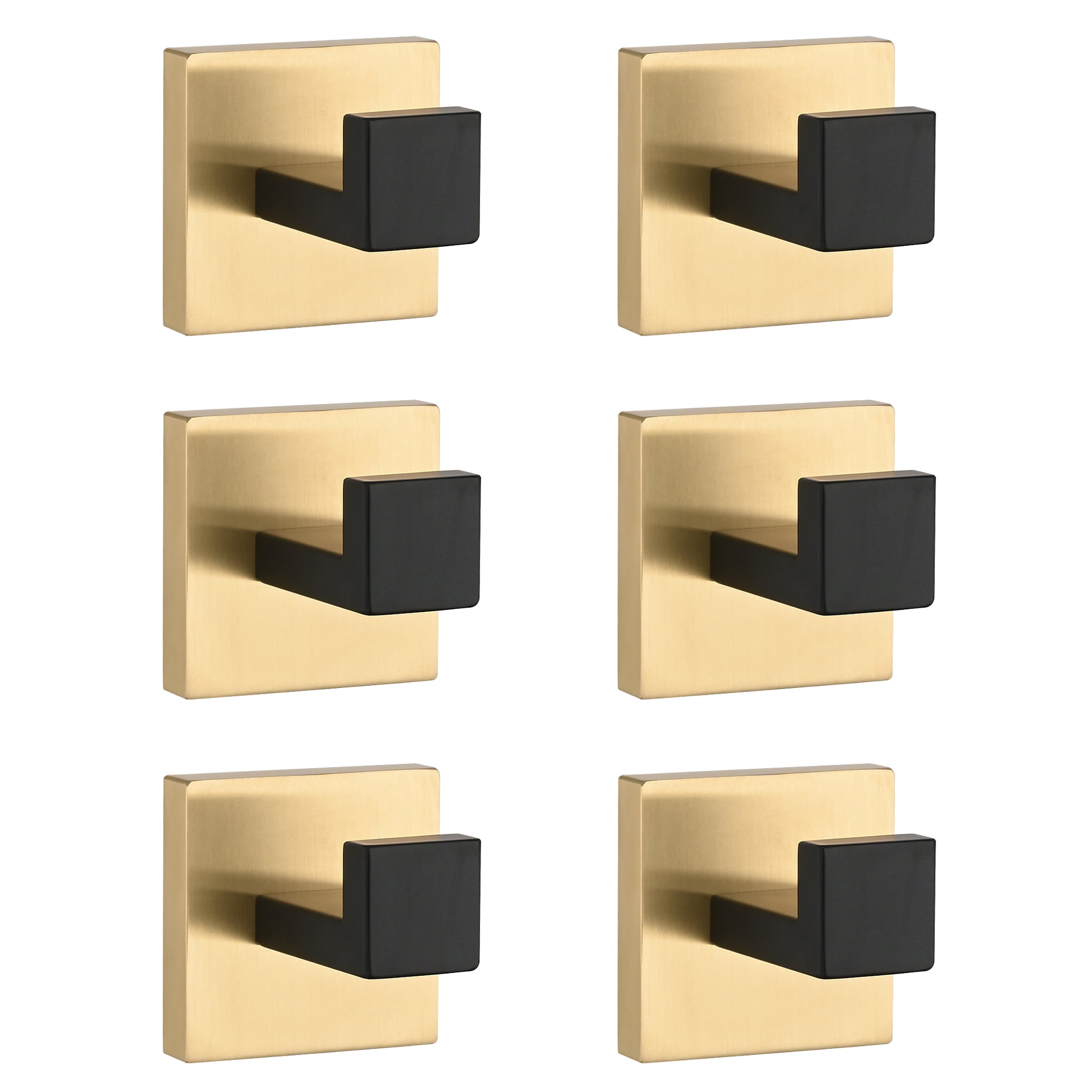 Set of  modern brushed brass coat hooks with matte black cubic projections