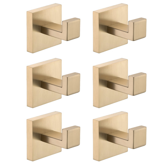 Set of six modern brushed brass wall hooks with square bases for bathrooms