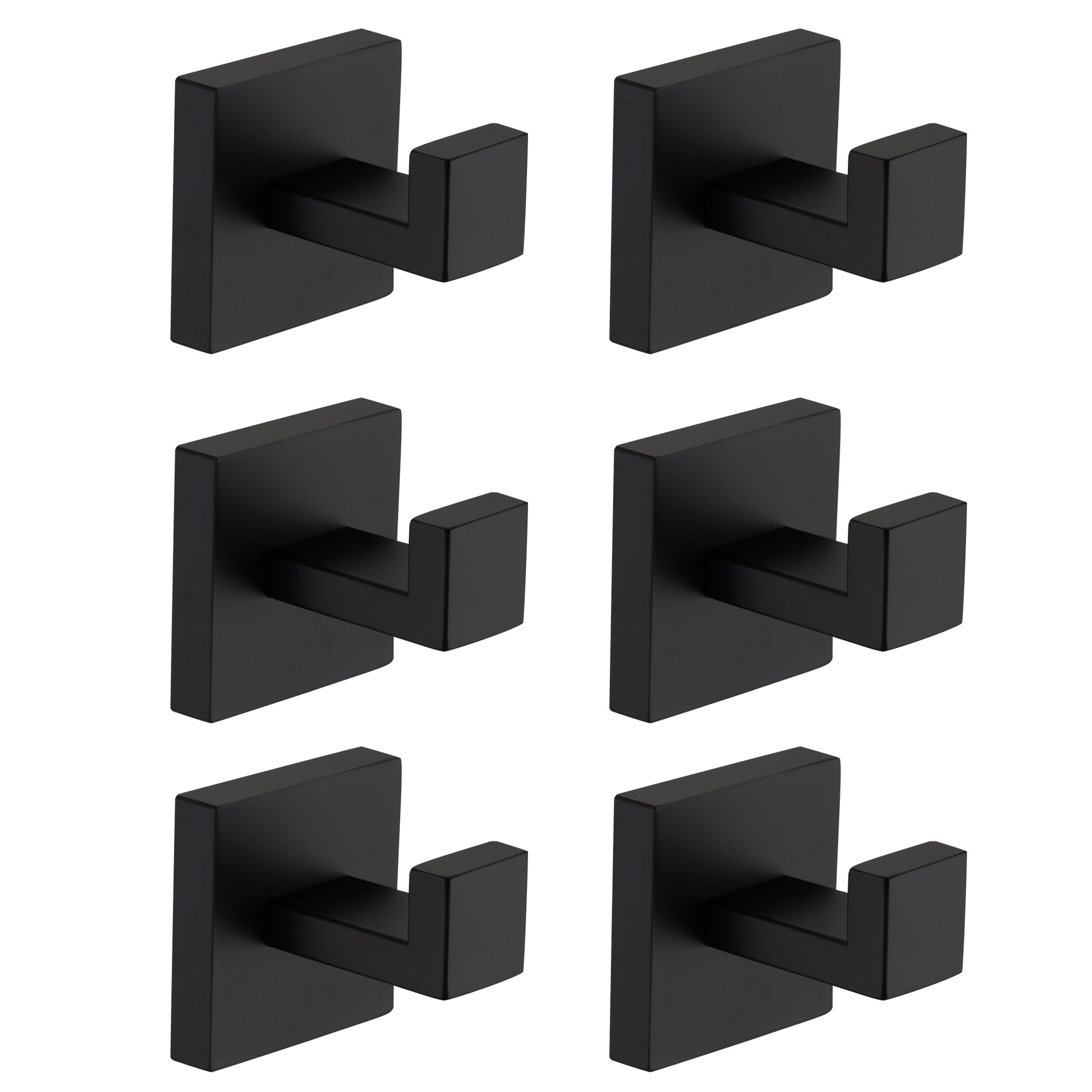 Set of six modern black metal wall hooks with square bases