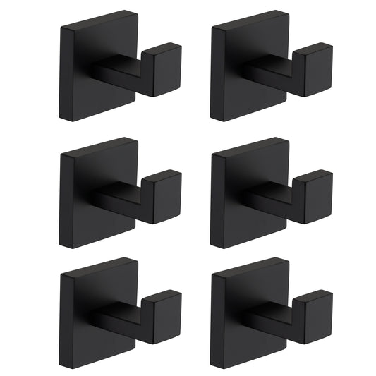 Set of six modern black metal wall hooks with square bases