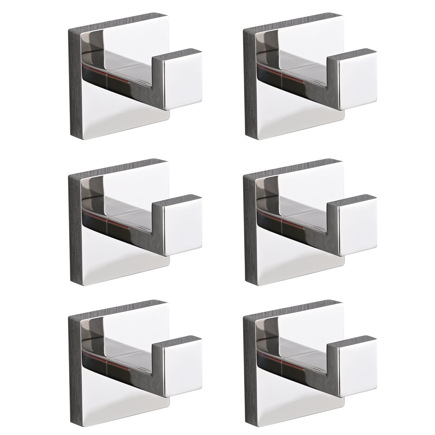 Set of six modern chrome robe hooks with a brushed nickel accent
