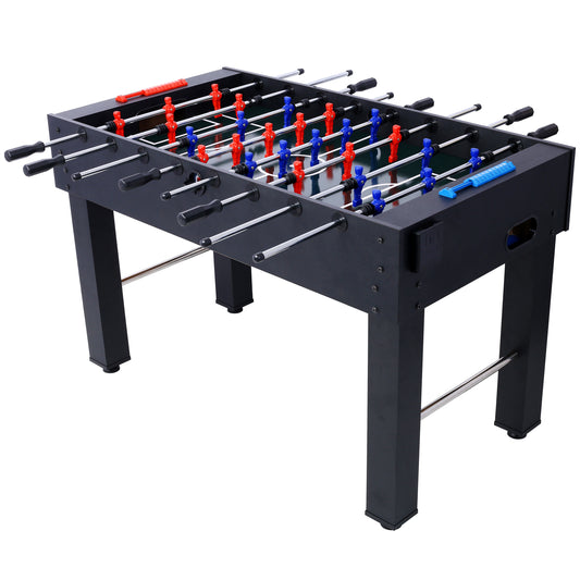 Black foosball table with red and blue player figures and chrome rods
