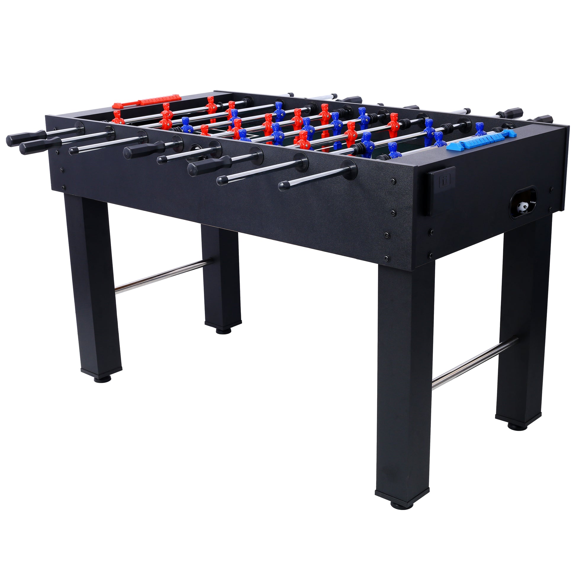 Black foosball table with red and blue player figures perfect for game rooms