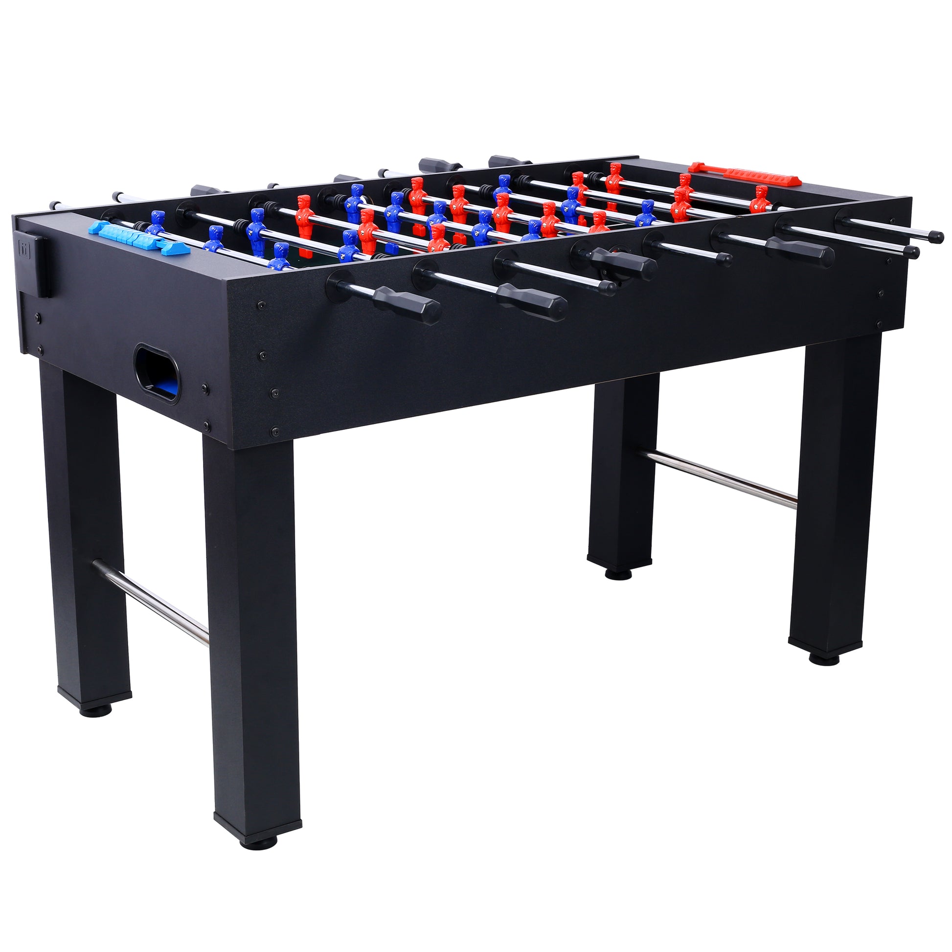 Black foosball table with red and blue player figures on chrome rods perfect for game rooms