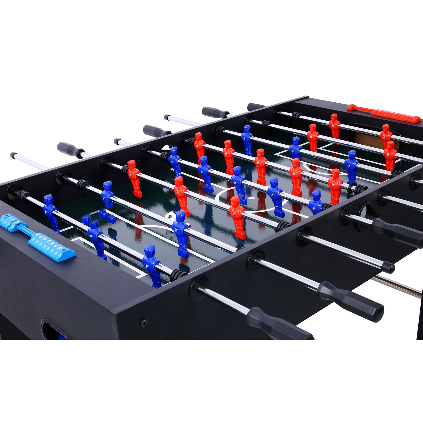 Black foosball table with red and blue player figurines ideal for game rooms