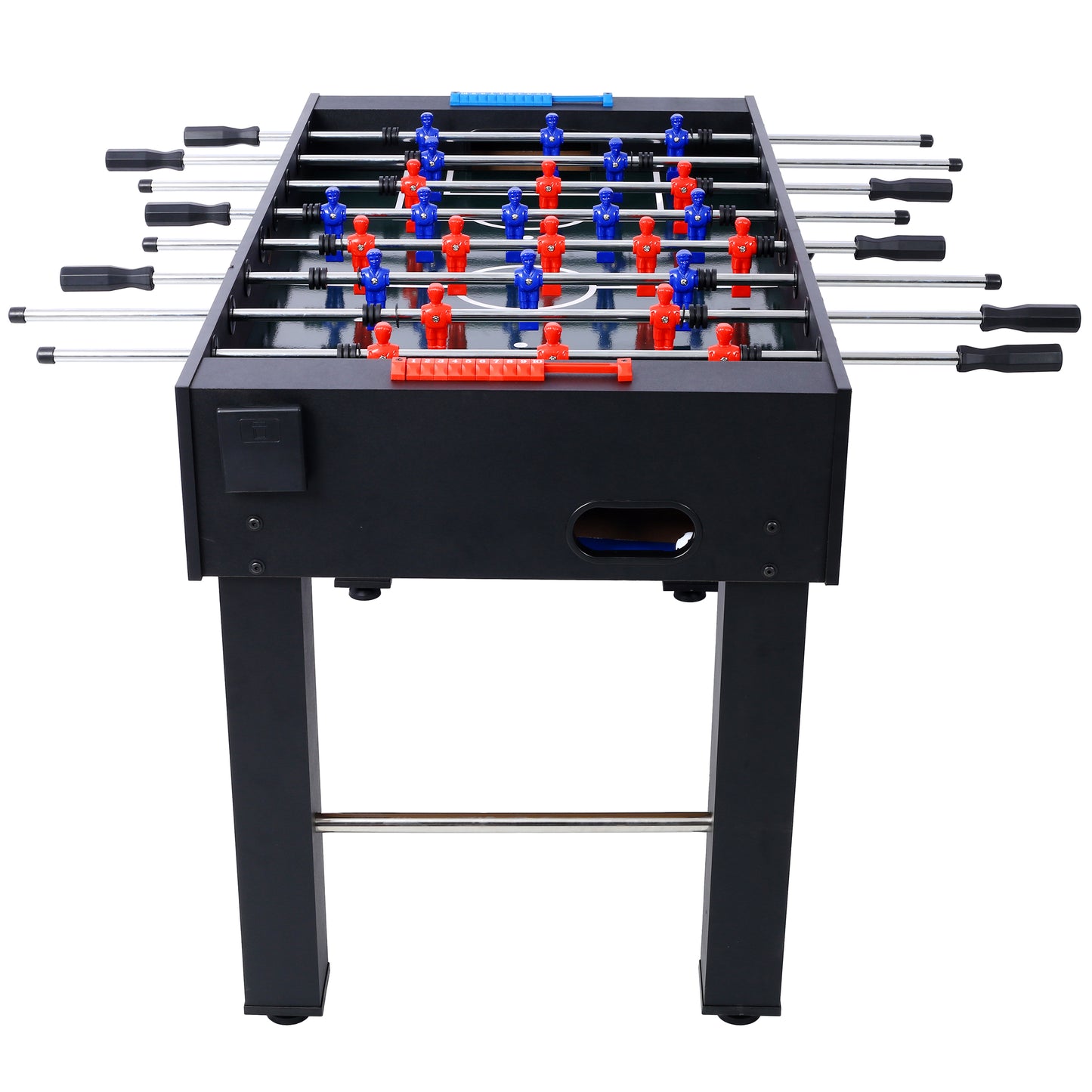 Black foosball table with red and blue player figures and chrome rods