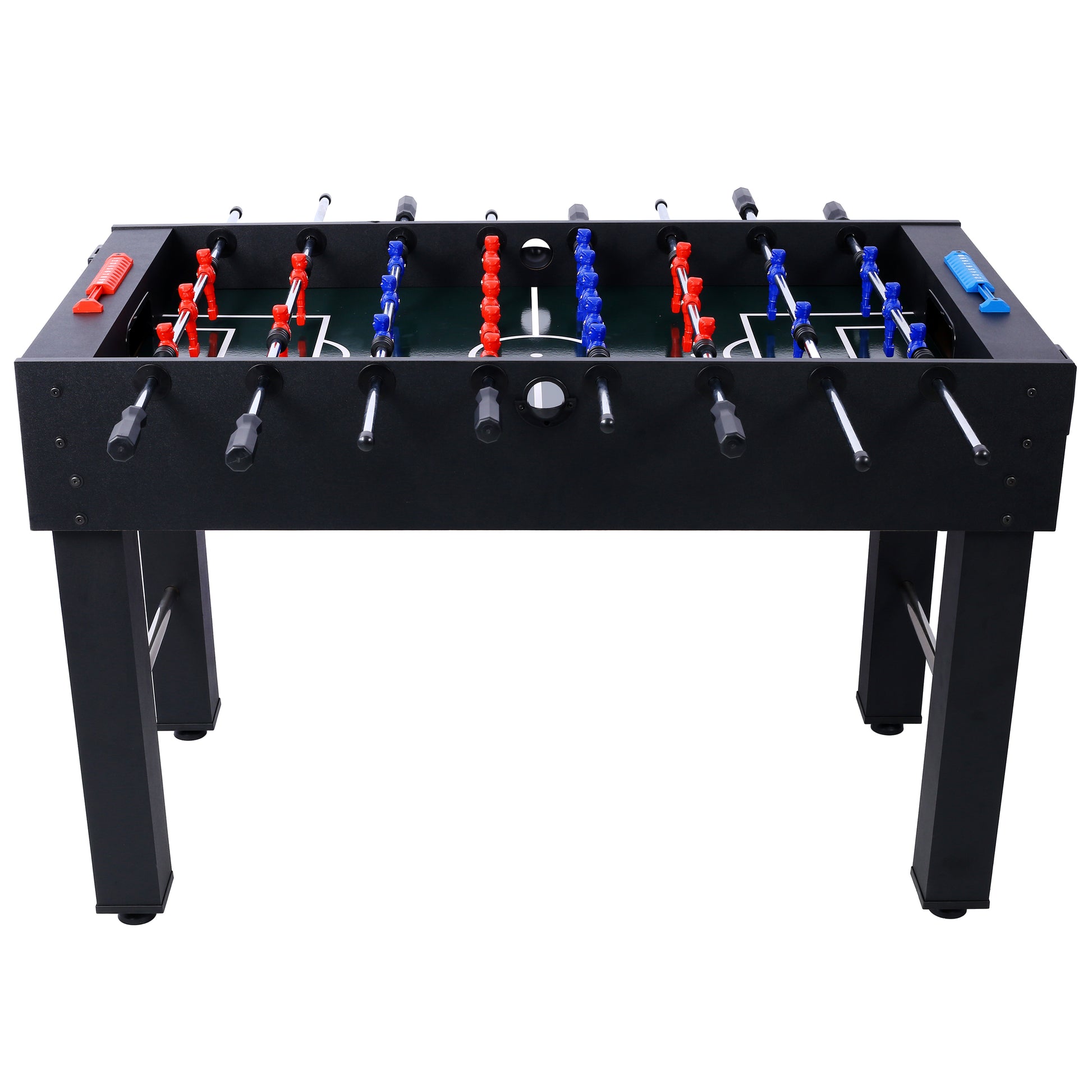 Black foosball table with red and blue player figures and silver rods