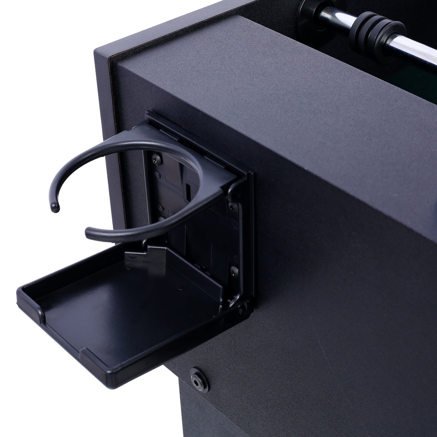 Black plastic cup holder and snack tray attached to the side of a foosball table
