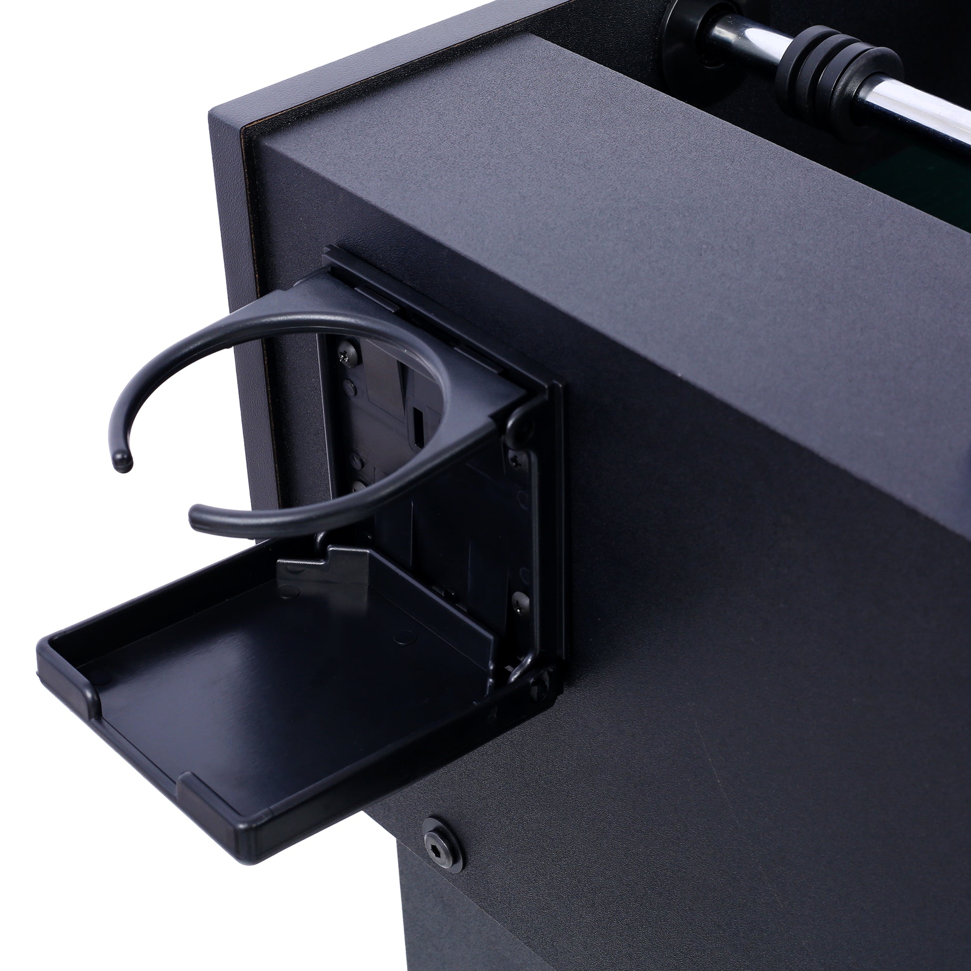 Black plastic cup holder and snack tray attached to the side of a foosball table