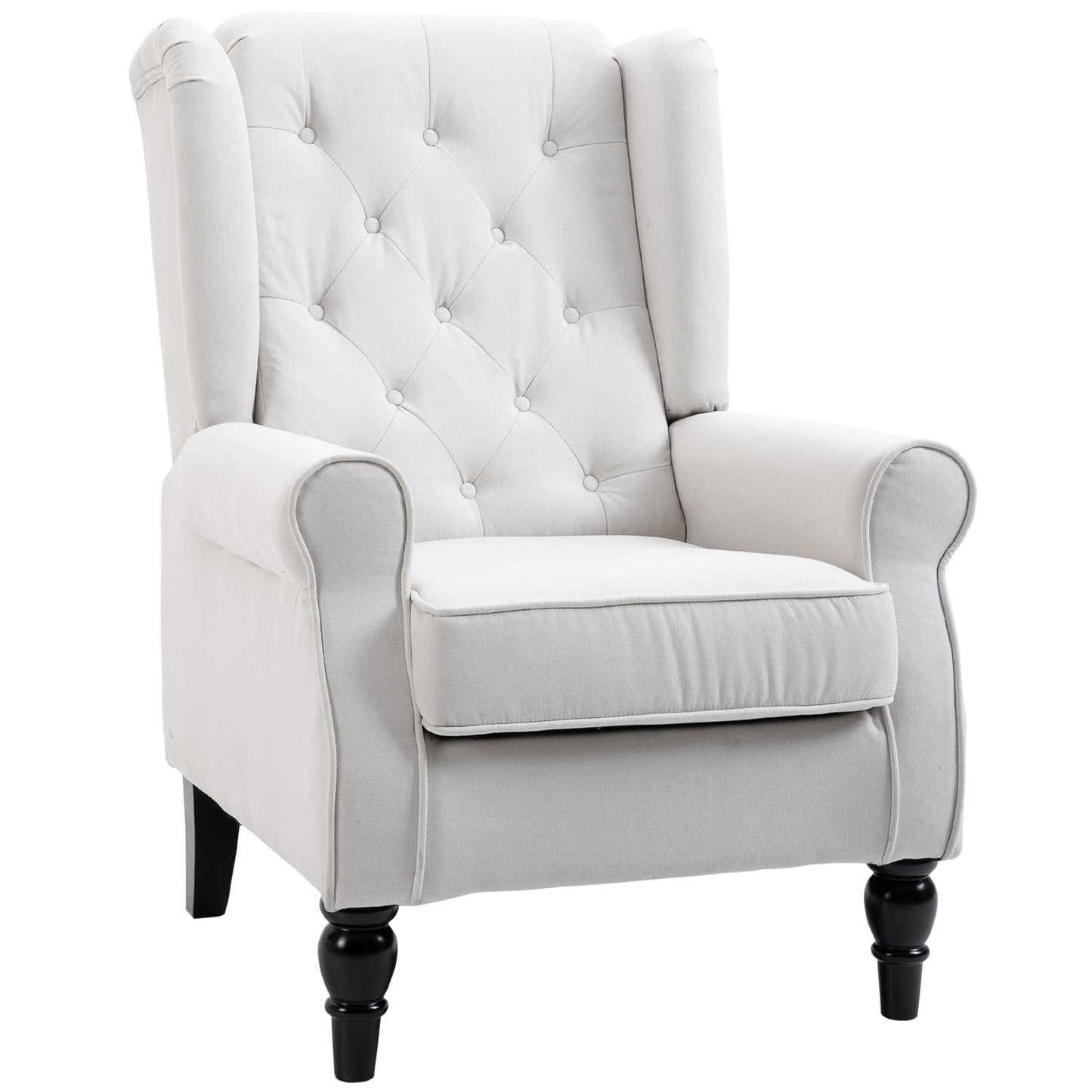 Tufted wingback accent chair in light gray linen with dark wooden legs