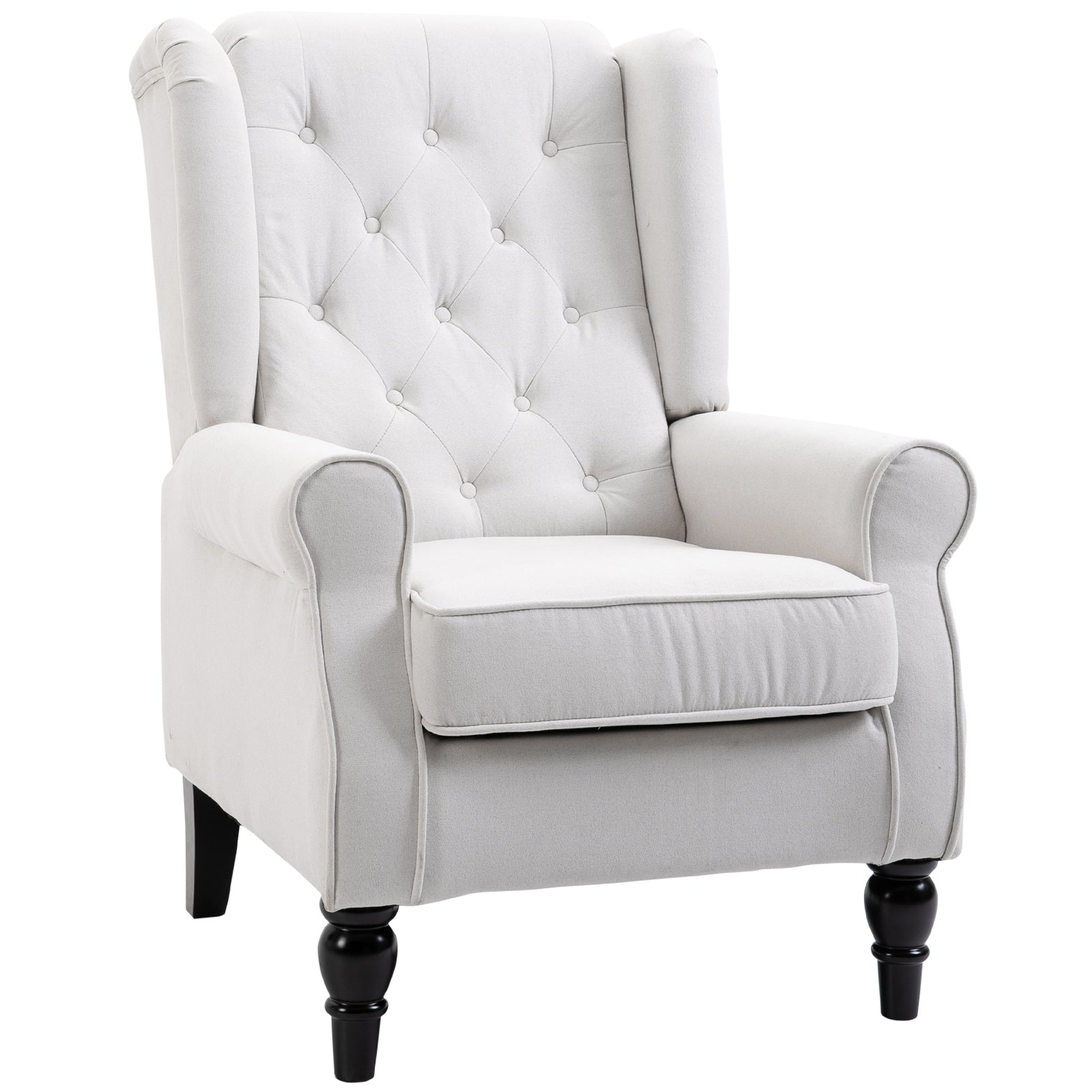 Elegant light gray tufted wingback chair with dark wooden legs perfect for a cozy reading nook