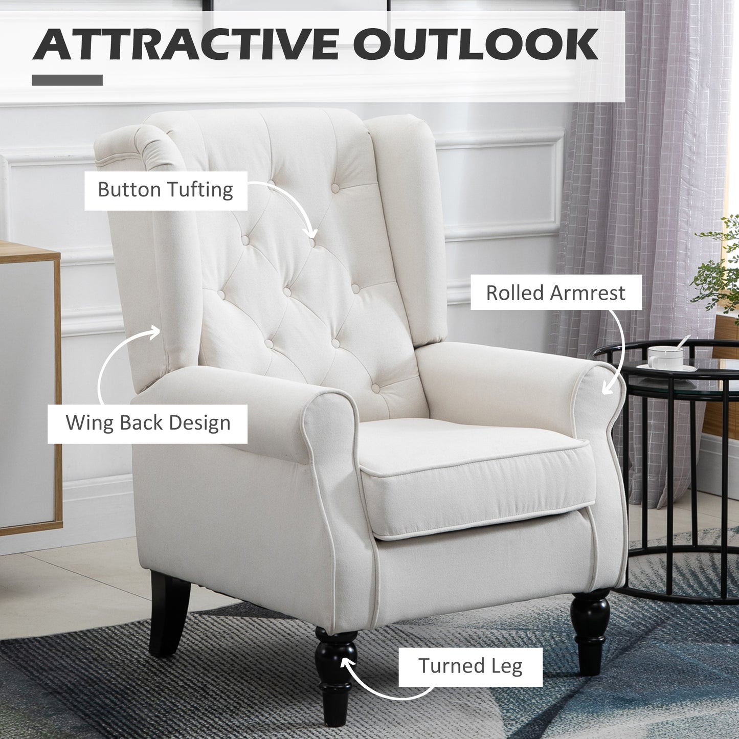 Cream linen wingback accent chair with button tufting and rolled arms