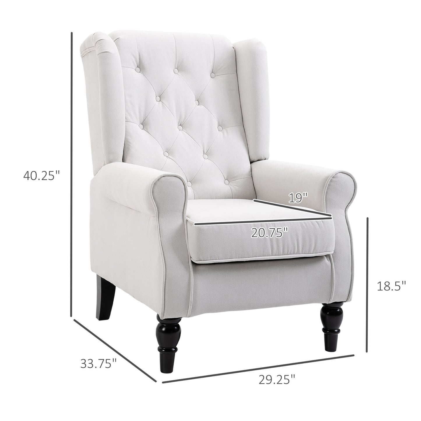 Tufted offwhite fabric accent chair with classic wingback design and dark wooden legs