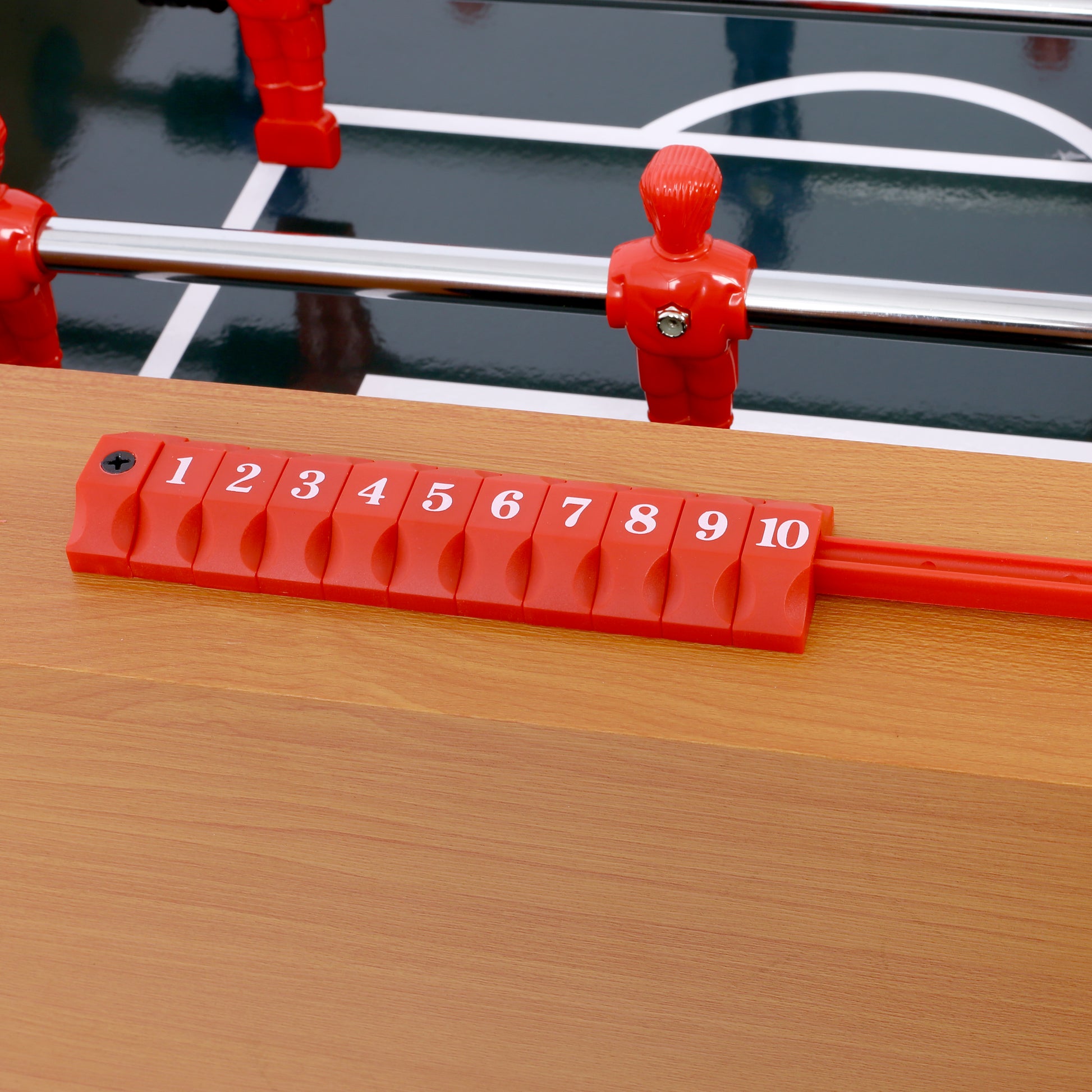 Closeup of a red foosball score counter with numbers