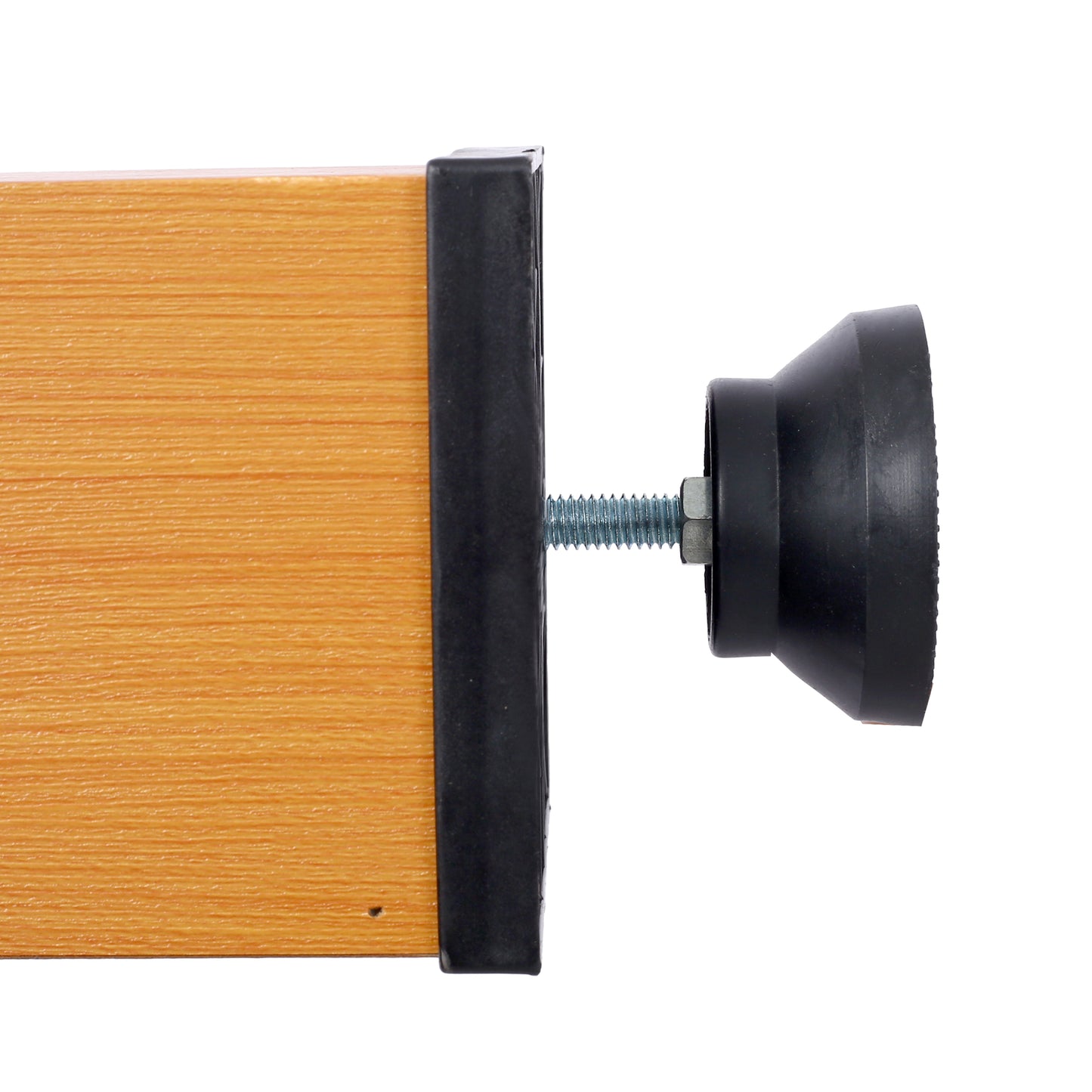 Adjustable furniture foot with woodgrain laminate and black rubber base