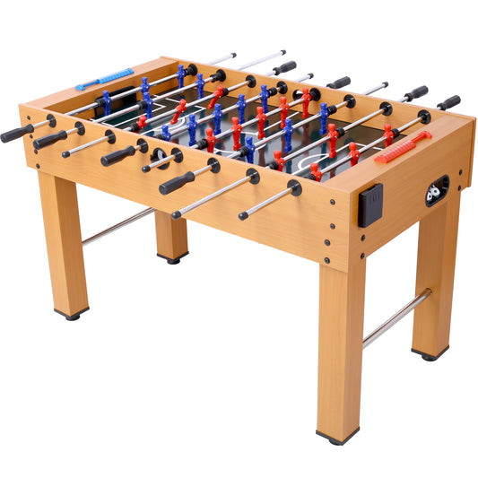 Wooden tabletop foosball table with red and blue player figures and chrome rods