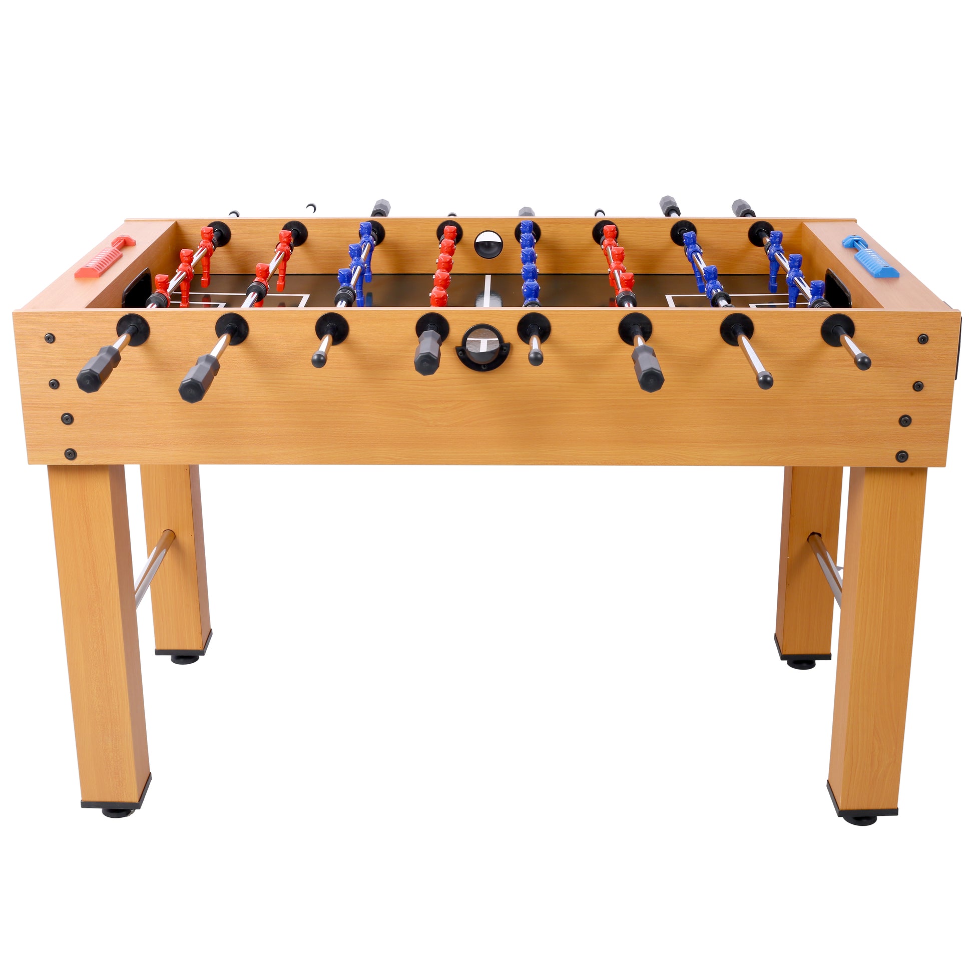 Wooden foosball table with red and blue player figures ideal for game rooms
