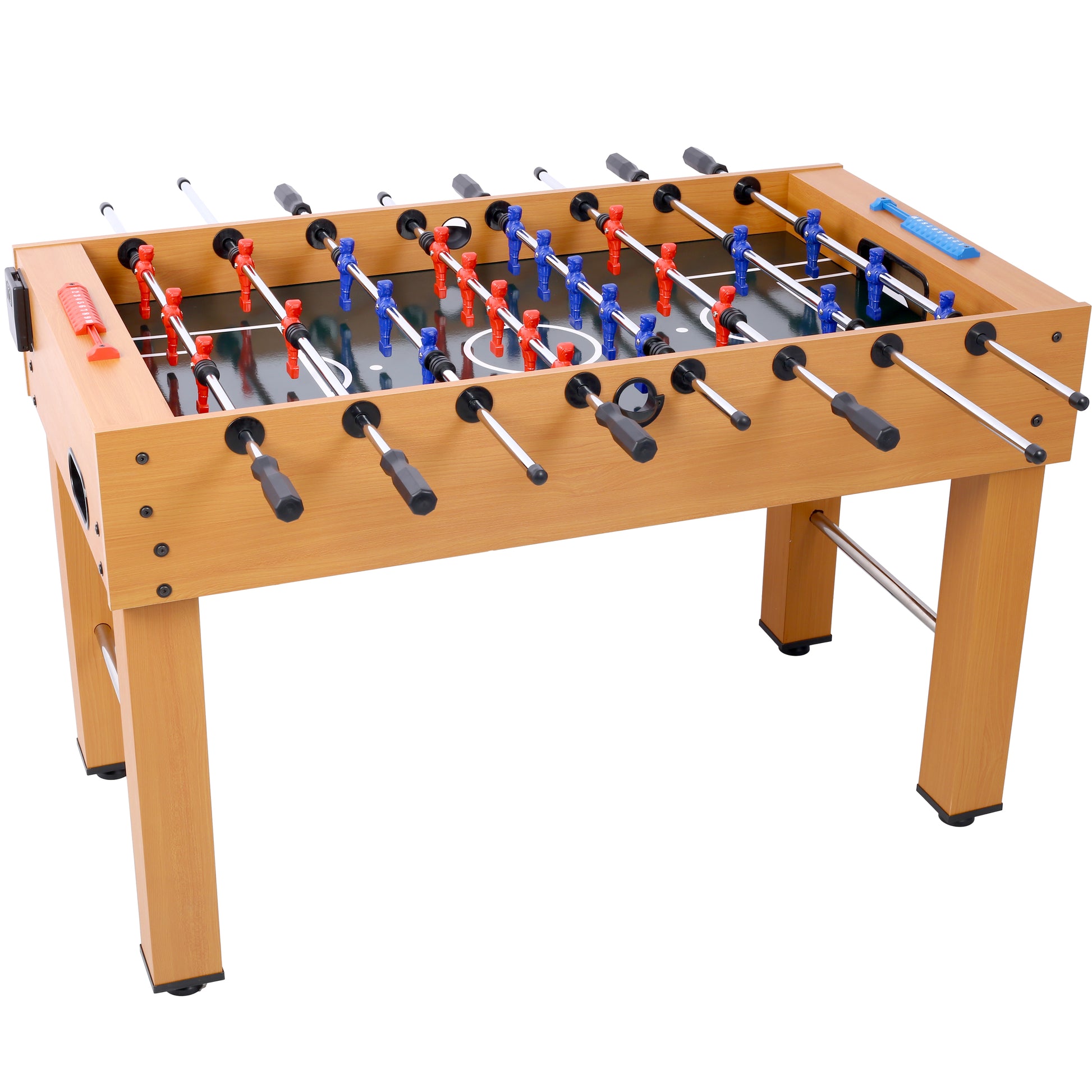 Wooden foosball table with red and blue player figures and chrome rods