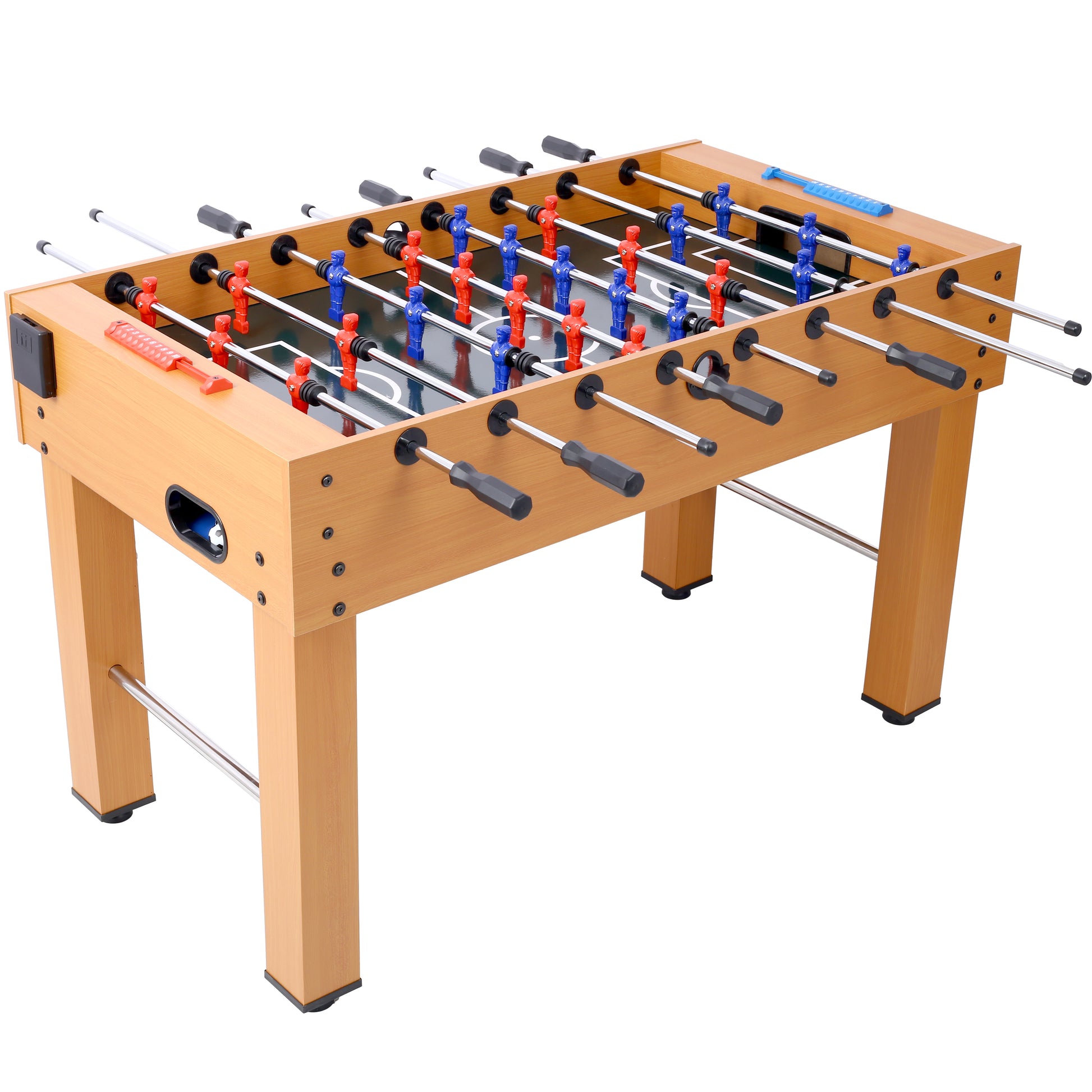Wooden foosball table with red and blue player figurines for family fun