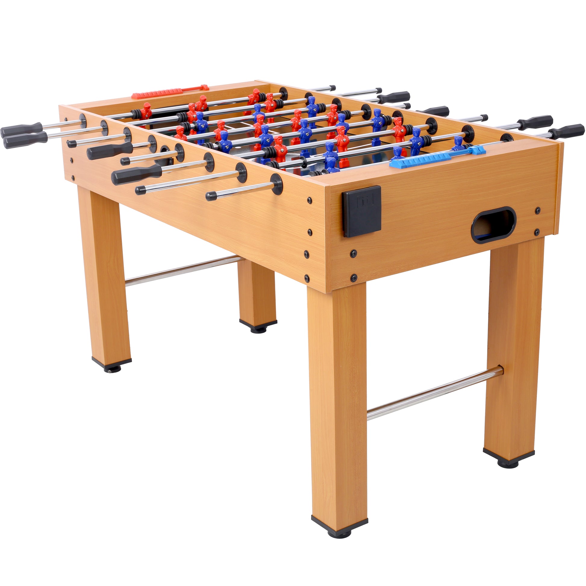Light wood foosball table with red and blue player figures ready for game night fun