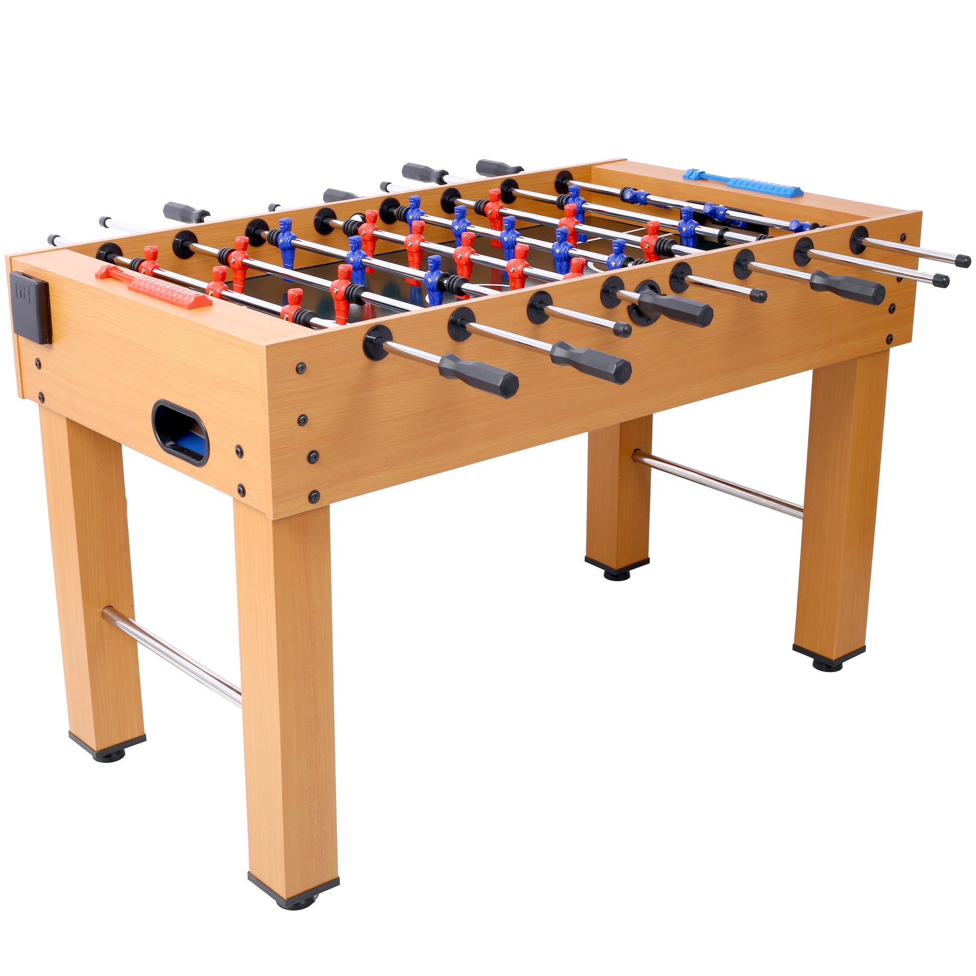 Wooden foosball table with red and blue player figures and chrome rods for game room fun