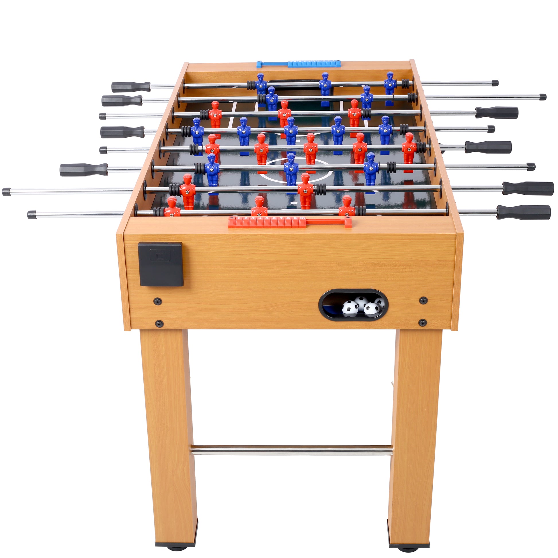 Classic wooden foosball table with red and blue player figures ideal for family game nights