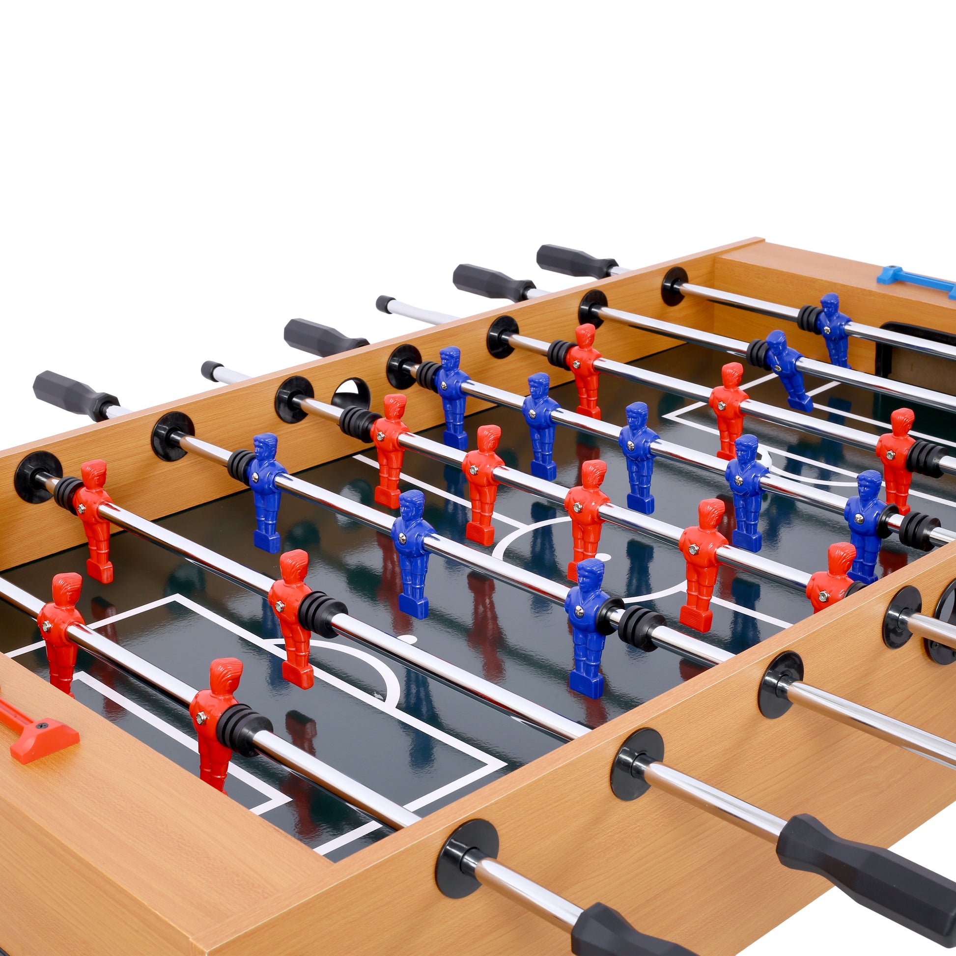 Tabletop foosball game with red and blue player figures on chrome rods