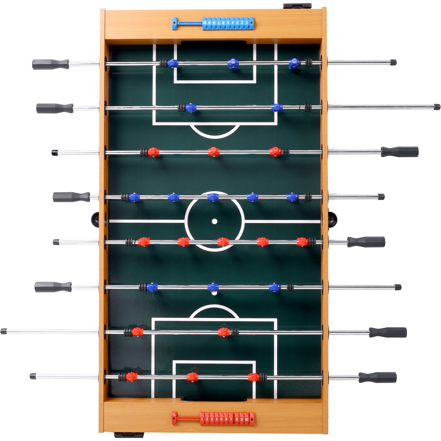 Wooden tabletop foosball table with blue and red players and metal rods