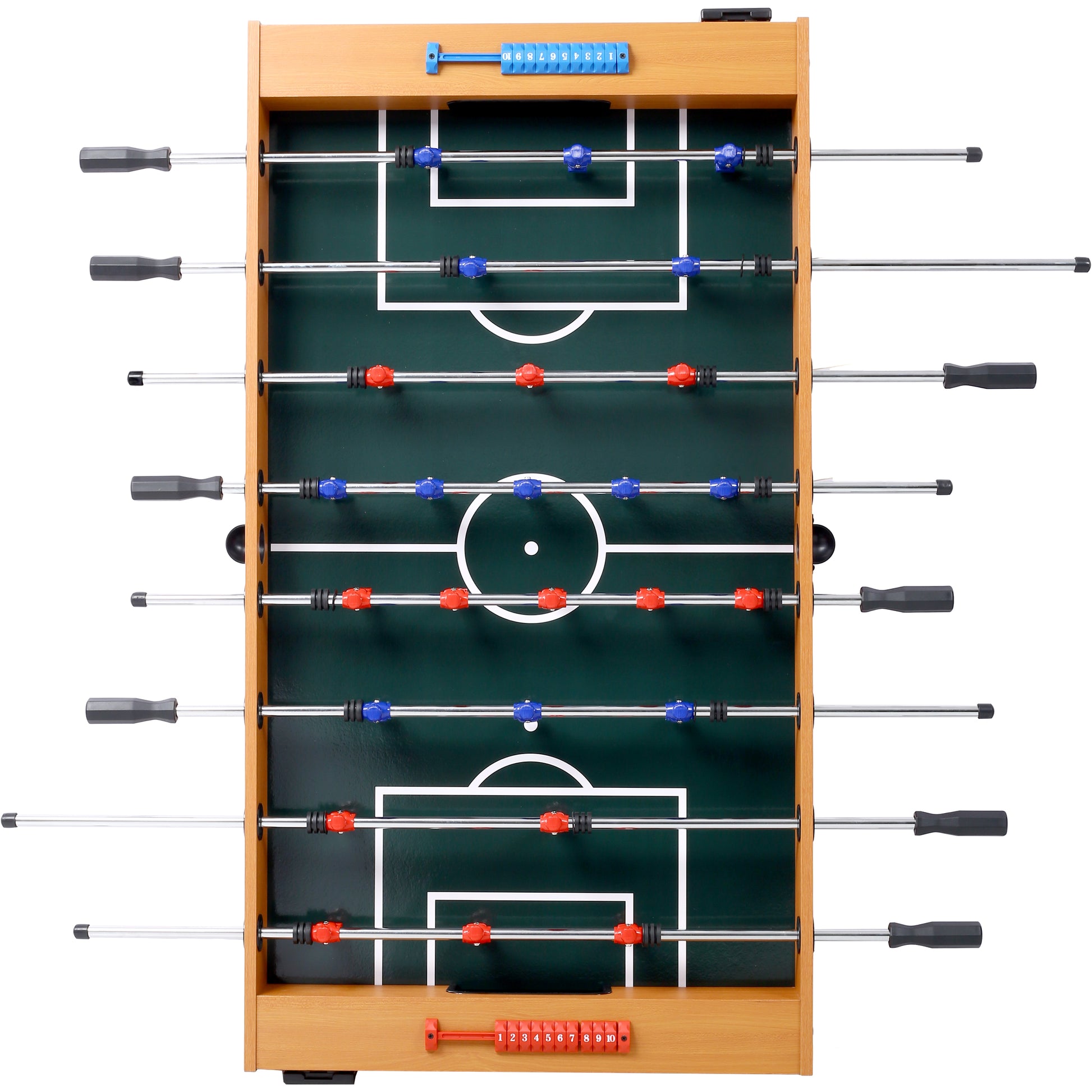 Wooden tabletop foosball table with blue and red players and metal rods