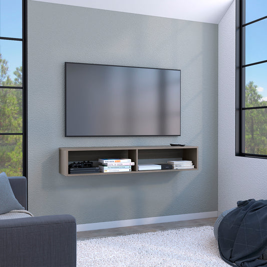 Modern floating media console in oak finish with dual compartments for entertainment devices