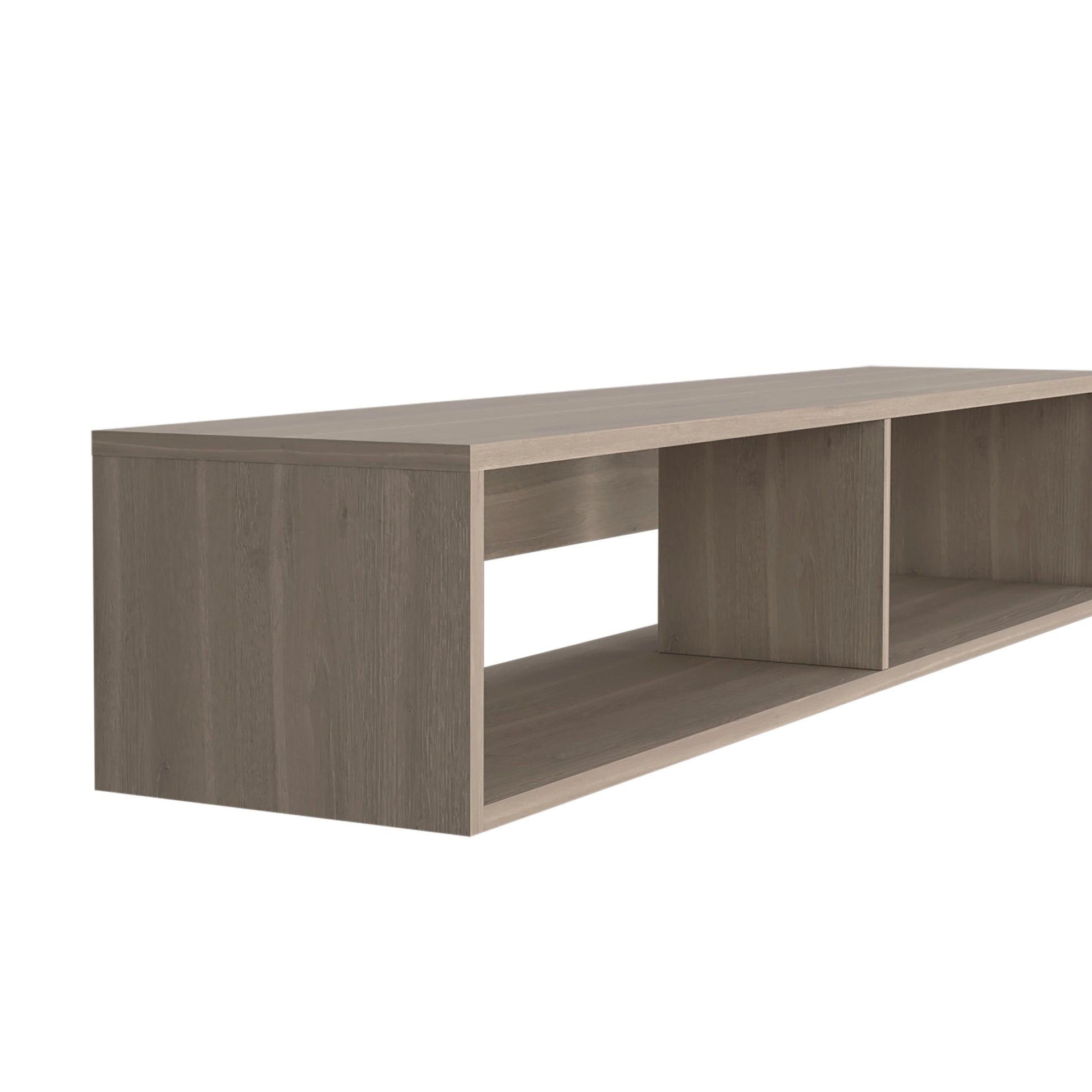 Modern grey wood effect wallmounted media console with two open storage cubbies