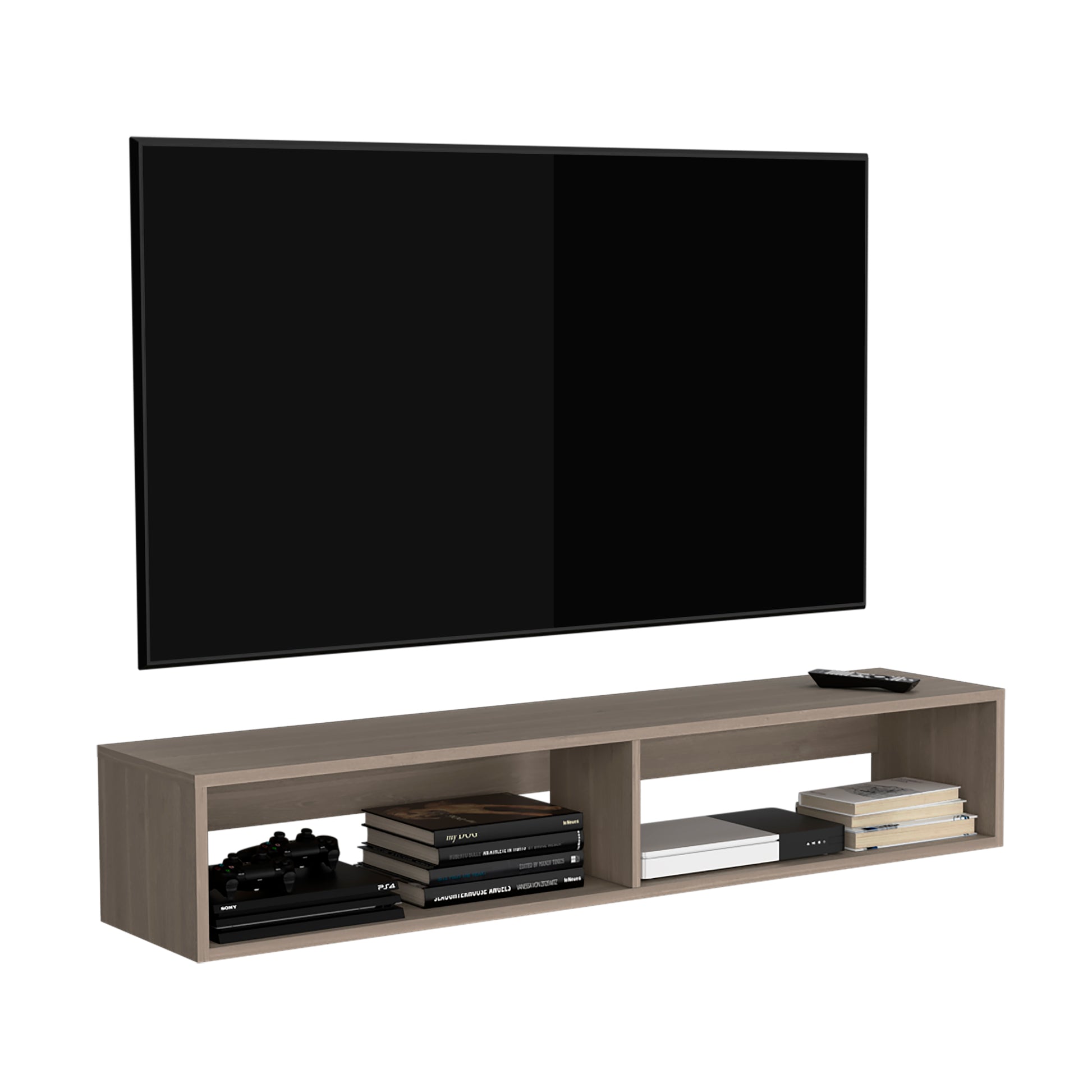 Modern grey media console with dual shelves holding gaming consoles and books