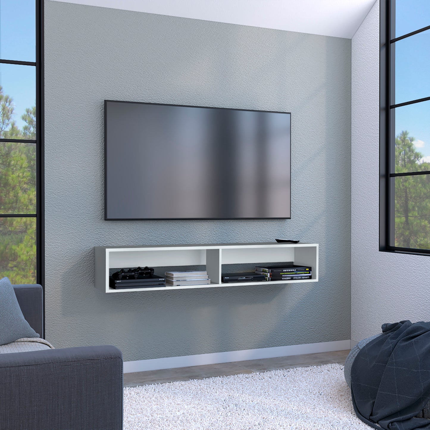 White modern floating media console with open shelves holding consoles and books
