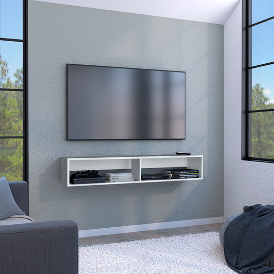 White modern floating media console with open shelves holding consoles and books
