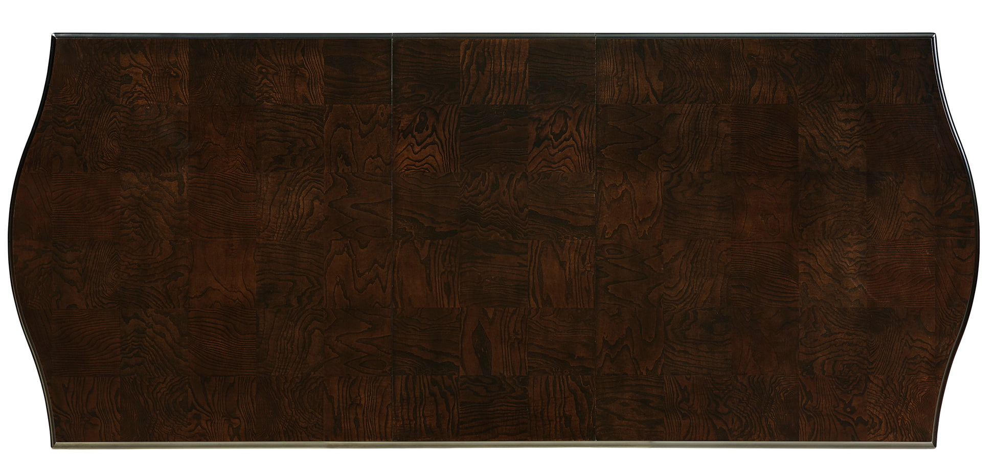 Rich dark wood dining table top with parquet inlay pattern