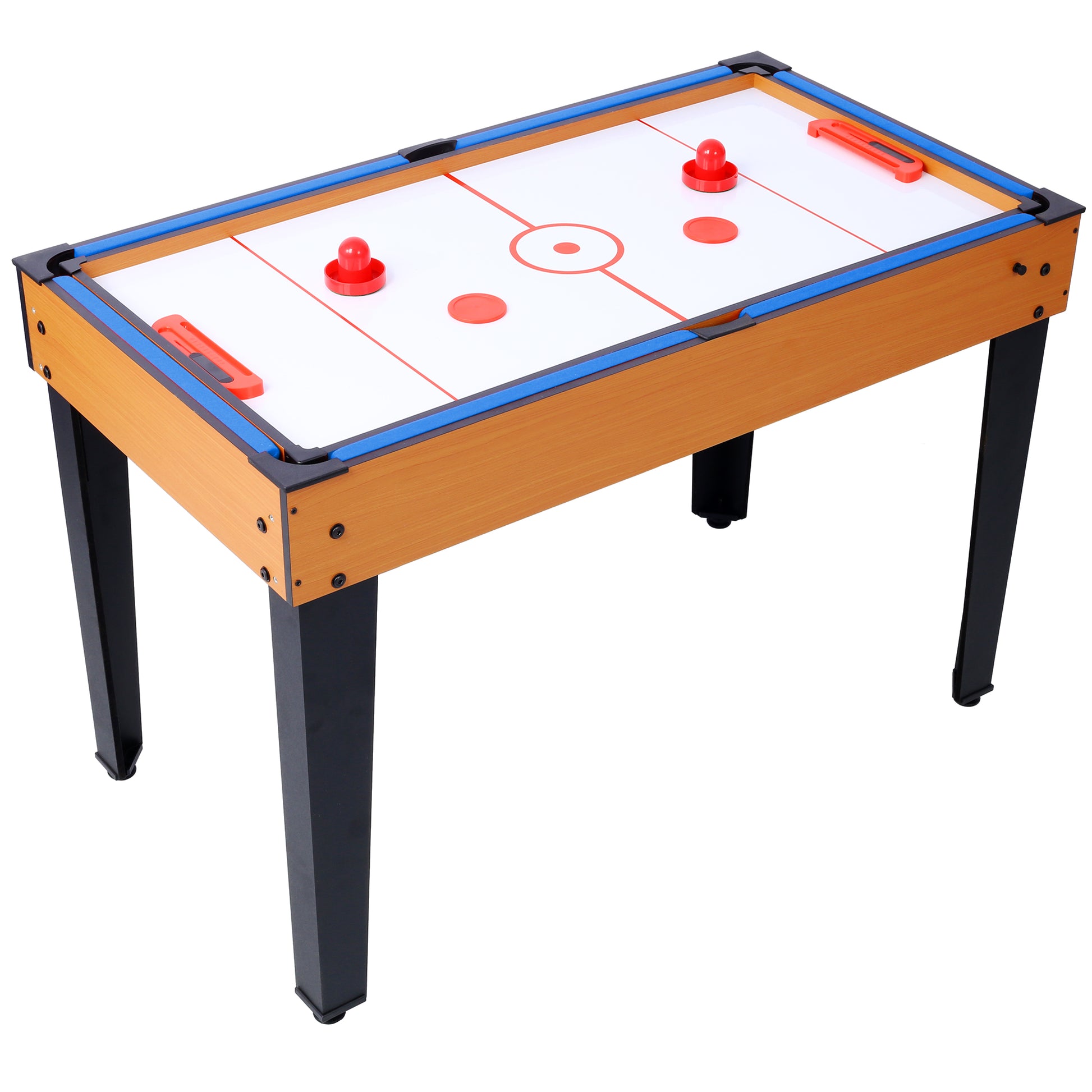 Compact wooden air hockey table with blue trim and two red strikers for family fun