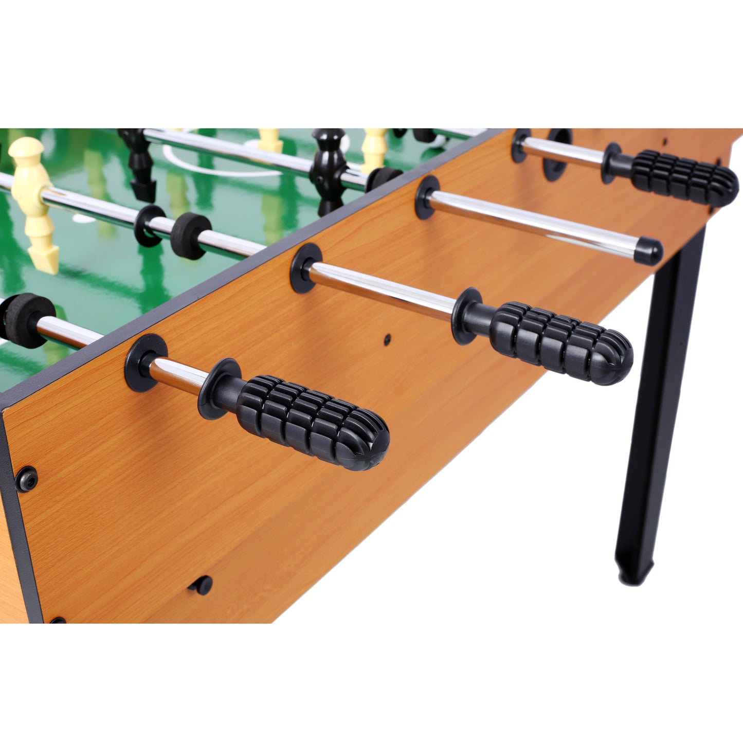 Close up of a table football game with black handles and silver rods