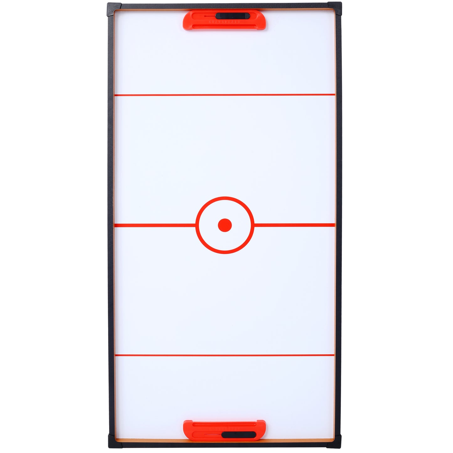 Compact air hockey table with red puck return slots and score markers