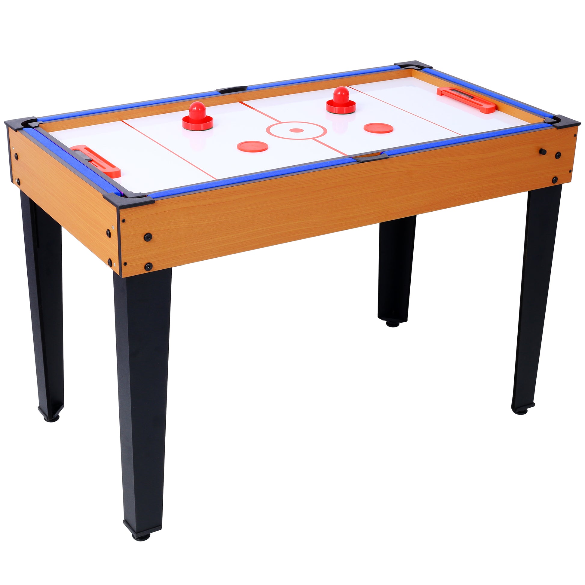 Compact air hockey table with red pucks and paddles wood veneer and blue trim