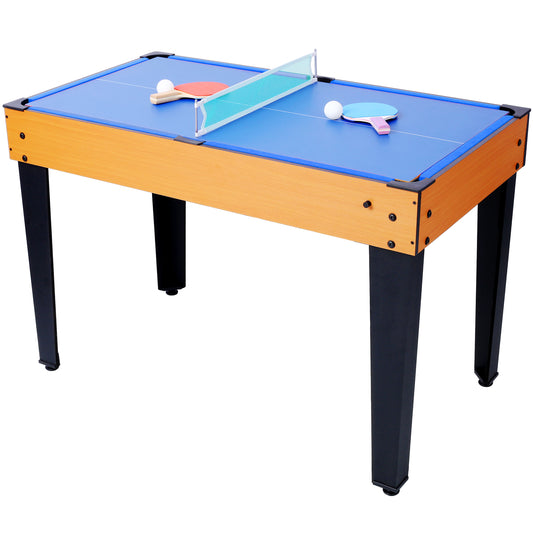 Blue and wood multigame table featuring ping pong paddles and balls perfect for family fun