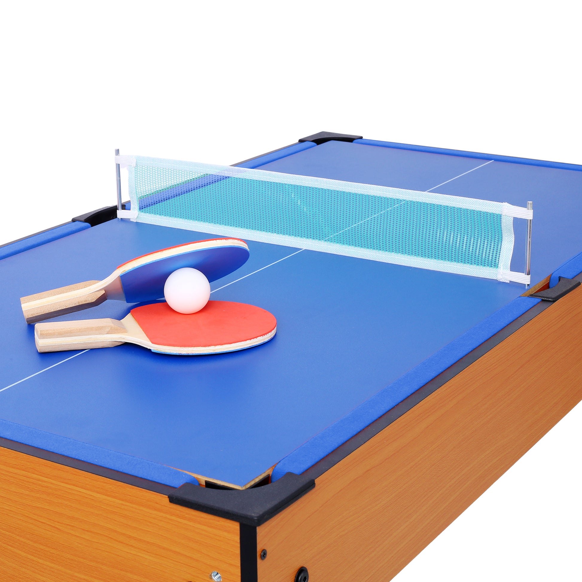 Blue ping pong table with paddles and ball featuring a black net and wooden trim