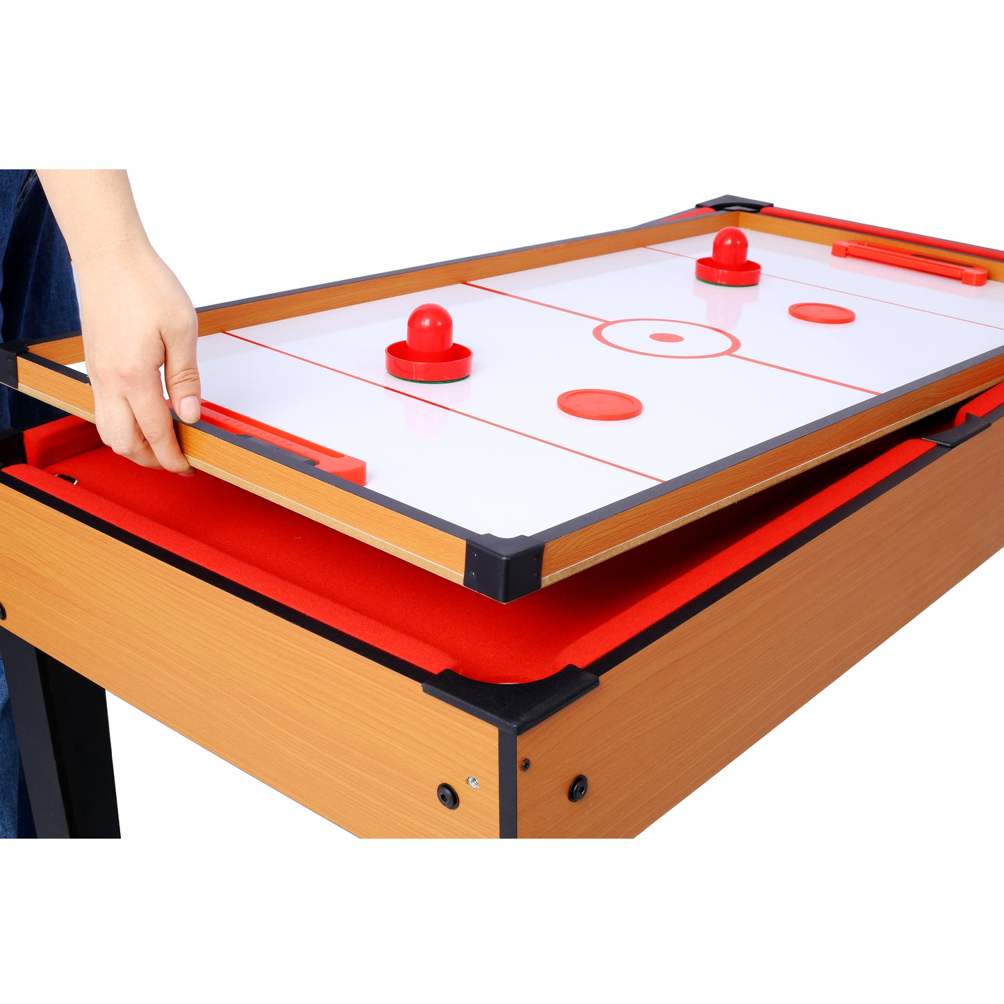 Multigame table with removable air hockey surface and red felt pool lining