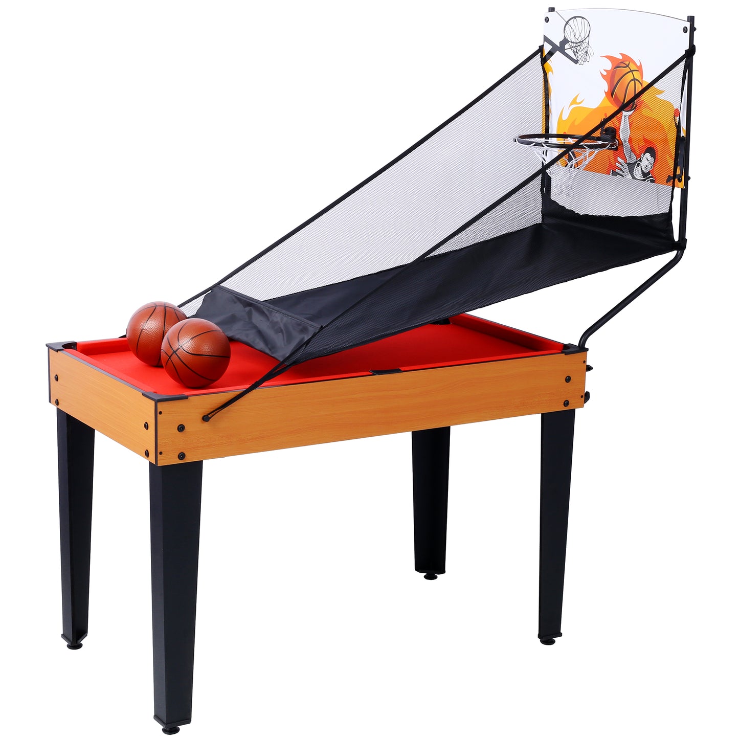 Multigame arcade table with basketball red felt surface and two mini basketballs