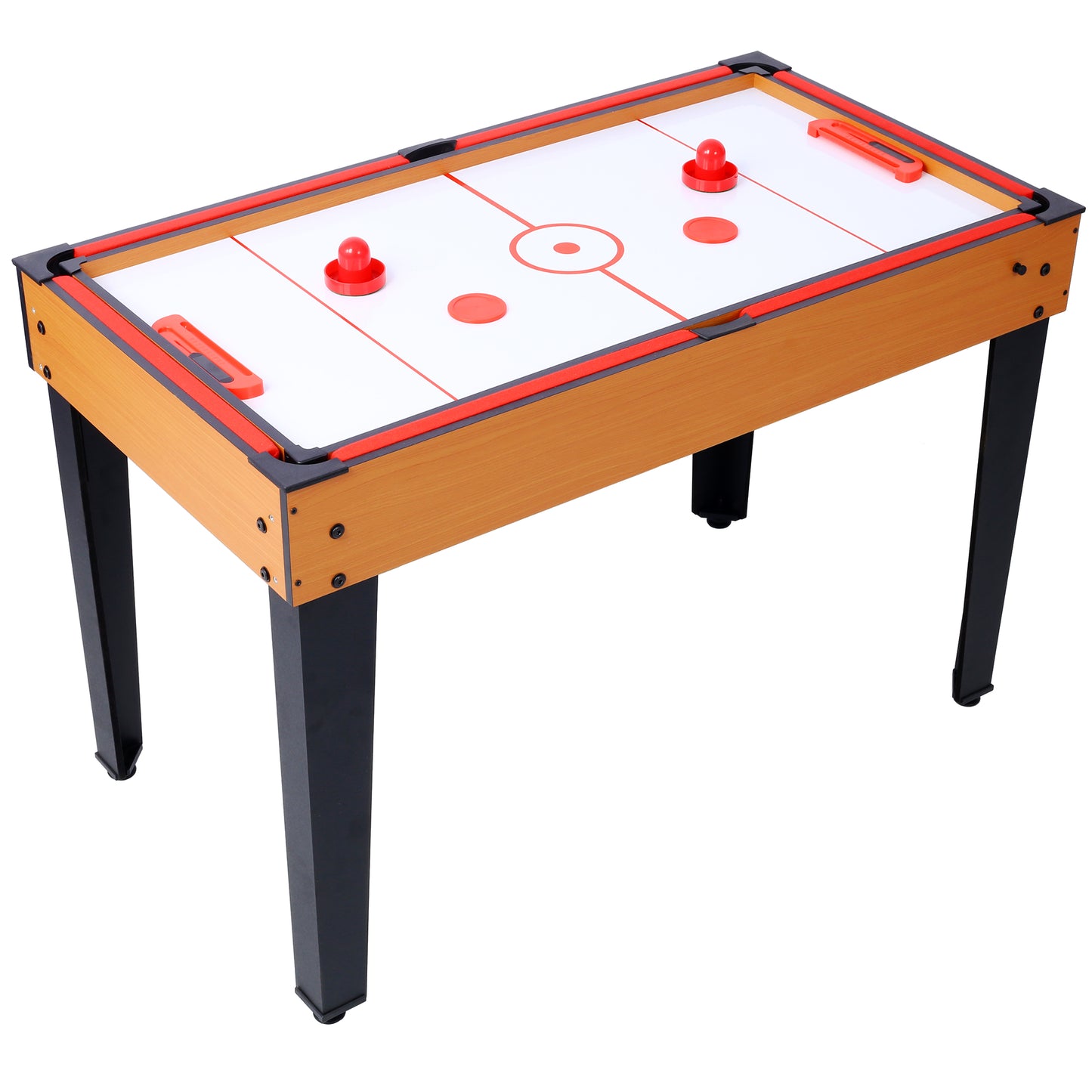 Compact table air hockey game with red pucks and black legs