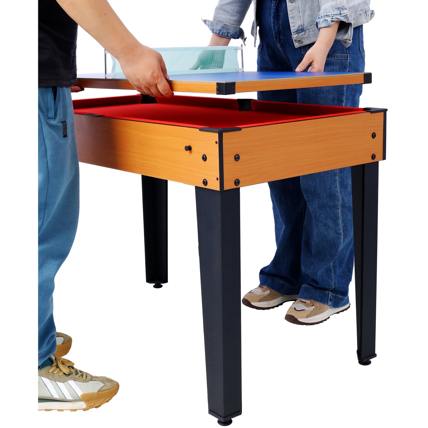 Compact convertible table tennis set with red felt lining and blue playing surface