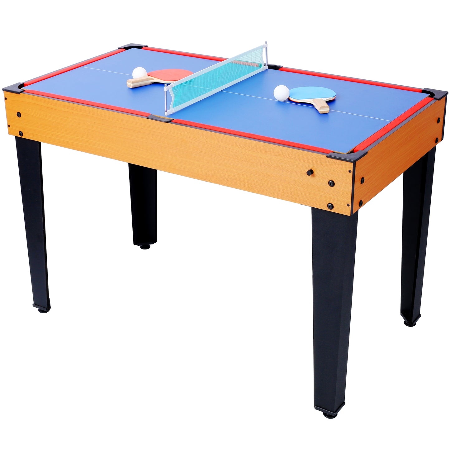 Wooden multigame table with blue ping pong surface net paddles and balls
