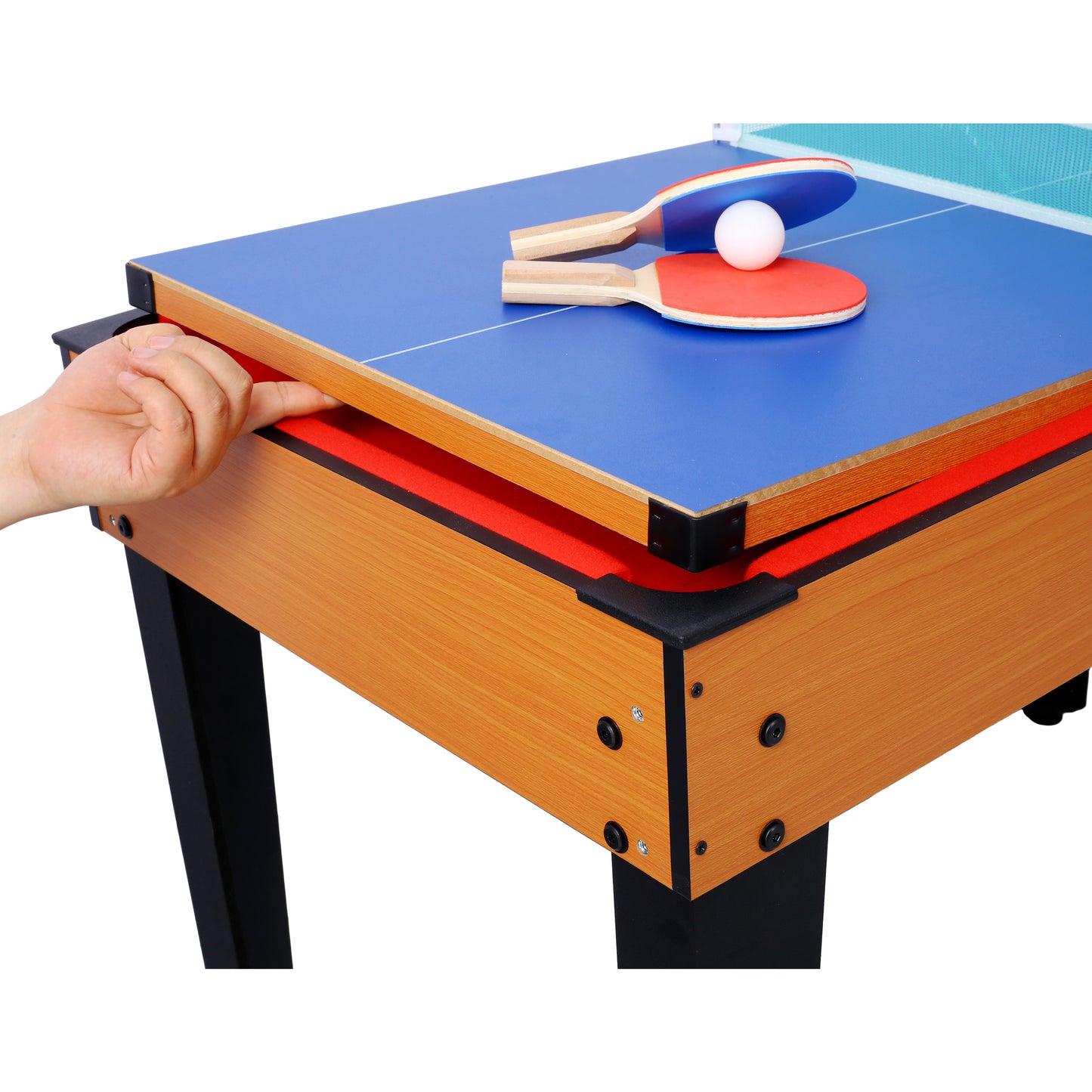 Two red and blue ping pong paddles and ball on a blue table tennis surface
