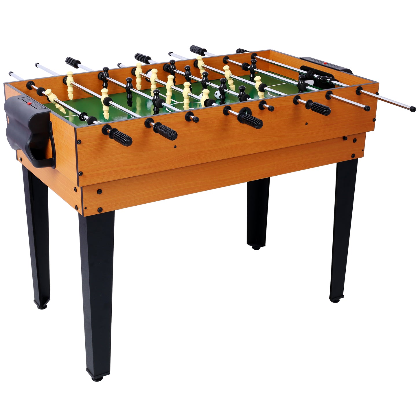 Wooden foosball table with black and cream players and a green pitch for game room fun
